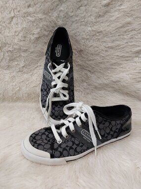 Coach Womens Signature Frances Gray and Black Canvas Patent Sneakers 8 1/2B